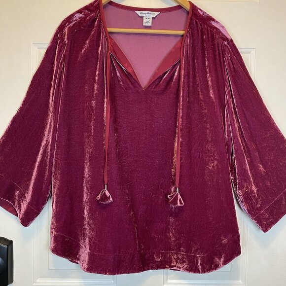 Tommy Bahama SILK Velvet Sands Sz M Tie Neck Pullover Blouse Fuchsia - Picture 15 of 16